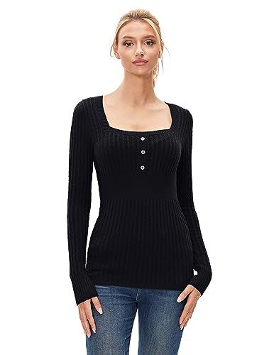 AmélieBoutik Frauen Baumwollmischung quadratischer Ausschnitt Empire-Taille Langarm Pullover, Schwarz, X-Groß von AmélieBoutik