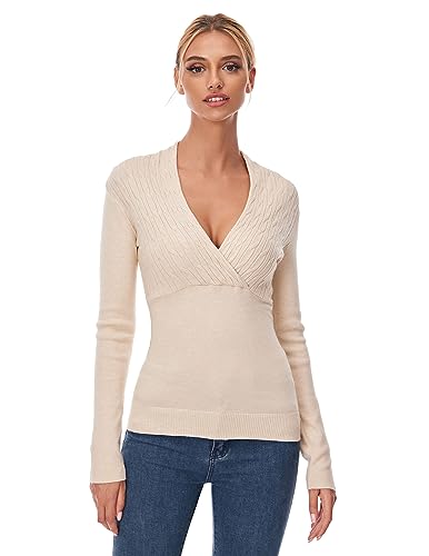 AmélieBoutik Frauen Crossover V-Ausschnitt Empire-Taille Langarm Pullover Top, Beige, Mittel von AmélieBoutik