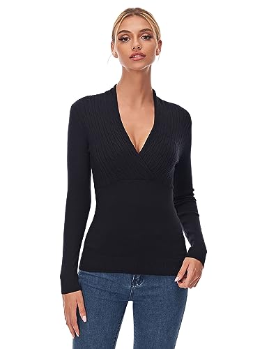 AmélieBoutik Frauen Crossover V-Ausschnitt Empire-Taille Langarm Pullover Top, Schwarz, Mittel von AmélieBoutik