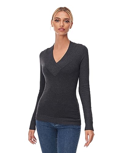 AmélieBoutik Frauen Crossover V-Ausschnitt Langarm Einfarbig Pullover Top, Dunkel_Grau, X-Klein von AmélieBoutik