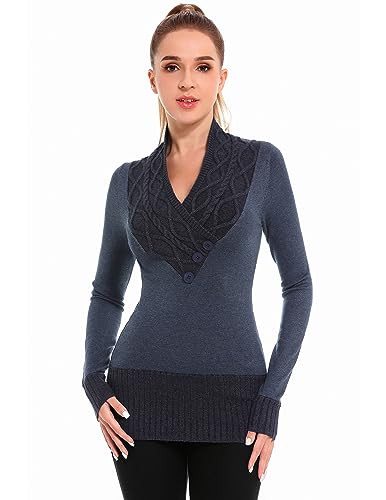 AmélieBoutik Damen-Pullover mit überkreuztem Zopfmuster, V-Ausschnitt, langärmelig, Blau, Mittel von AmélieBoutik