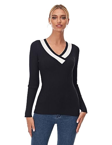 AmélieBoutik Frauen Farbe Trim V-Ausschnitt Langarm gerippte Pullover Top, Schwarz und Elfenbeinweiß, Mittel von AmélieBoutik