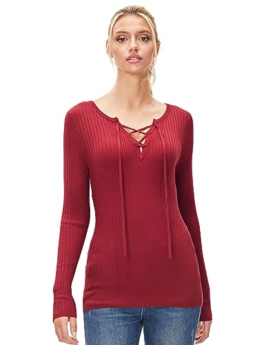 AmélieBoutik Frauen Kerbe V-Ausschnitt Lace Up Langarm gerippte Pullover, Weinrot, X-Groß von AmélieBoutik