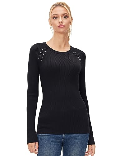 AmélieBoutik Frauen Rundhalsausschnitt Criss Cross Raglan Langarm Rippstrickpullover, Schwarz, X-Klein von AmélieBoutik