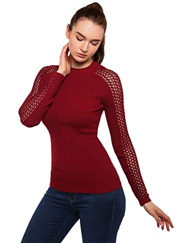 AmélieBoutik Frauen Rundhalsausschnitt Häkeln Ösen Trim Raglan Langarm Pullover, Burgunder, X-Klein von AmélieBoutik