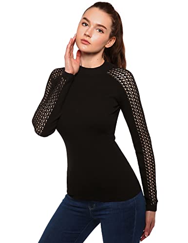 AmélieBoutik Frauen Rundhalsausschnitt Häkeln Ösen Trim Raglan Langarm Pullover, Schwarz, X-Klein von AmélieBoutik