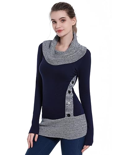 AmélieBoutik Frauen Wasserfallkragen Langarm Knopf verziert Tunika Pullover, Marineblau, Mittel von AmélieBoutik