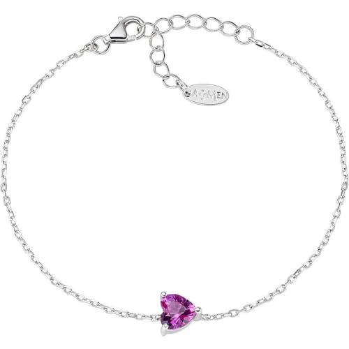 Armband aus 925er Silber, Kollektion Valentine 2024, Fuchsia-Zirkonia, Herzschliff, rhodiniert, Länge 16 + 3 cm, Durchmesser 6 mm, Sterling-Silber von Amen