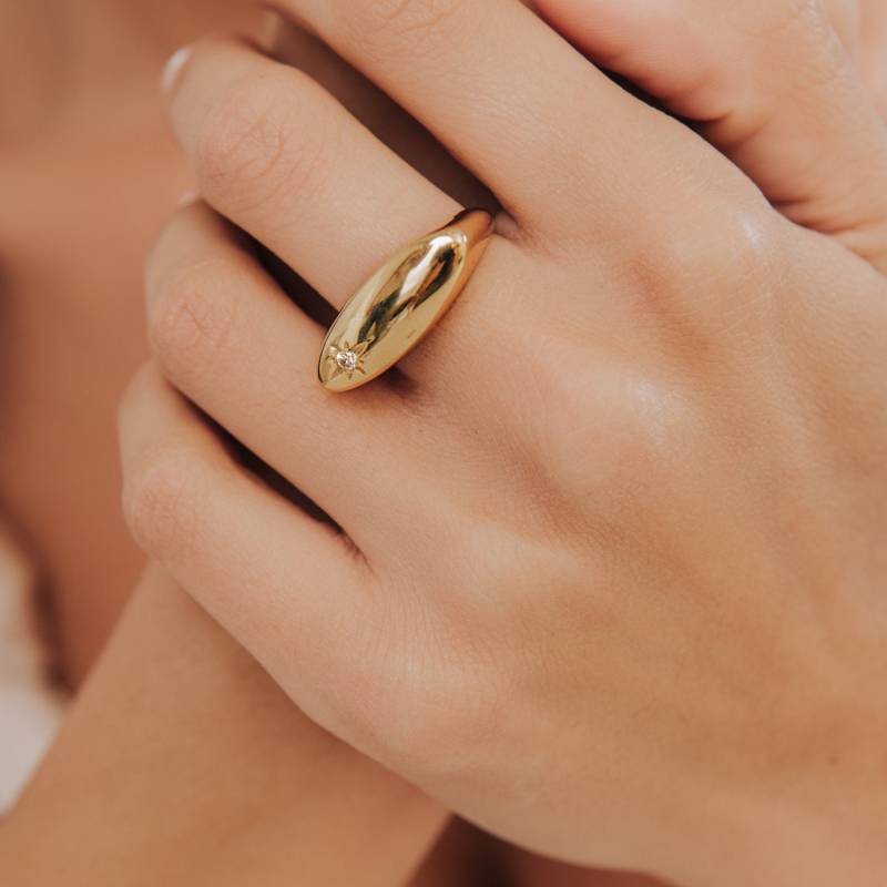 14K Gold Hochprofil Groß Statement Diamant Starburst Ring, Oval Breiter Siegelring Boho Moderner Massivgoldring von AmenBJewels
