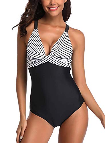 Amenxi Badeanzug Damen Bikini Set Hohe Taille Schnell Trockend Bauchweg Sportlich Beachwear Bademode Schwimmanzug (Streifen, EU 36-38(S)) von Amenxi