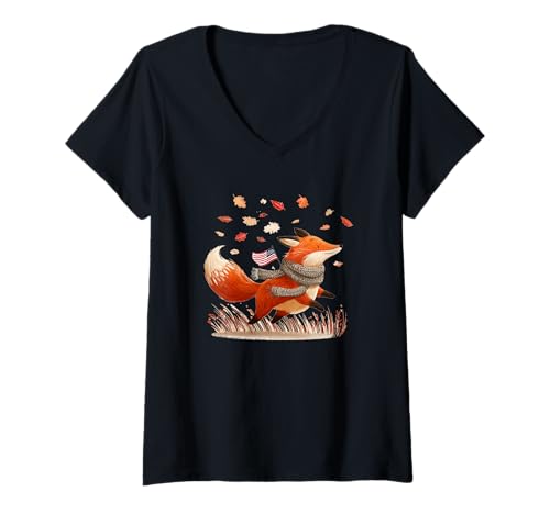 Damen Amazing Fox in der Herbstsaison mit knusprigen Blättern T-Shirt mit V-Ausschnitt Damen Amazing Fox in der Herbstsaison mit knusprigen Blättern T-Shirt mit V-Ausschnitt von America Fox Outfit