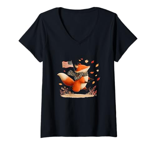 Damen Pretty Fall Fox mit USA Farben Kostüm T-Shirt mit V-Ausschnitt von America Fox Outfit