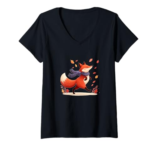 Damen Schöne Herbstsaison und Fuchs mit Schal Kostüm T-Shirt mit V-Ausschnitt von America Fox Outfit