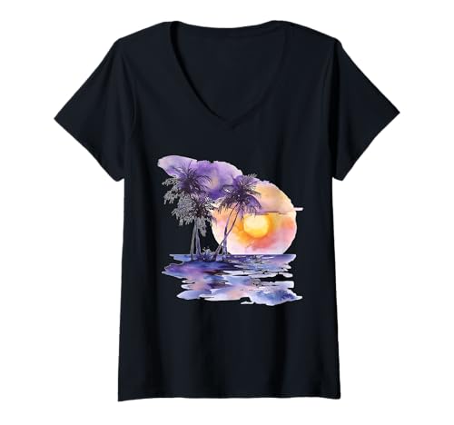Damen Tropischer Sonnenuntergang mit violettem Strand und Palmen T-Shirt mit V-Ausschnitt Damen Tropischer Sonnenuntergang mit violettem Strand und Palmen T-Shirt mit V-Ausschnitt von America Freedom Designs