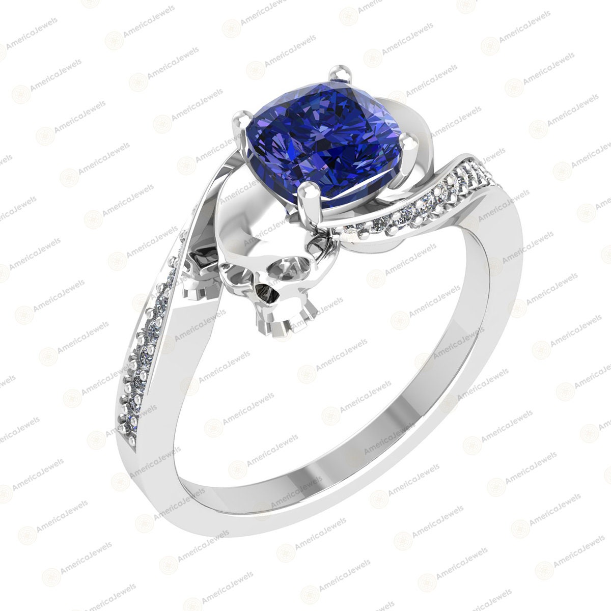 Gothic Ehering 2.25Ct Kissenschliff Blauer Saphir Doppel Schädel Verlobungsring 925 Sterling Silber Mit Weiß Oder Schwarz Rosegold Über von AmericaJewels