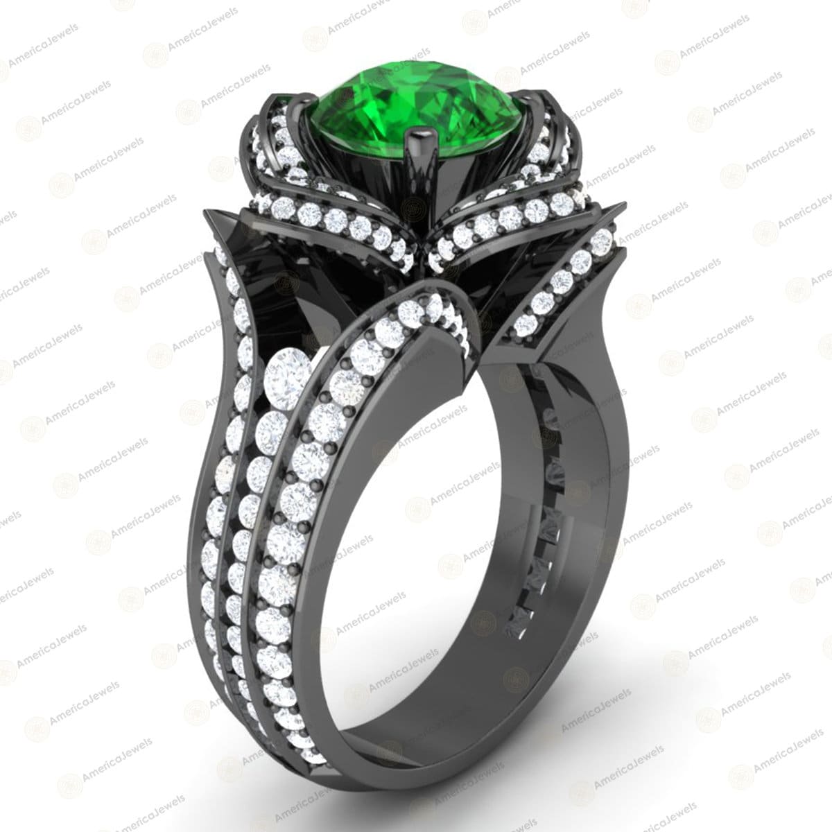 Lotus Blume Ehering 3, 00 Karat Rund Grün Smaragd Floral Verlobungsring 925 Sterling Silber Mit Schwarz Vergoldung Versprechen Ring von AmericaJewels