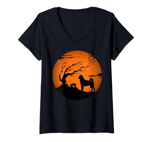 Damen Akita Halloween T-Shirt mit V-Ausschnitt von American Akita Halloween Akita Inu Gifts
