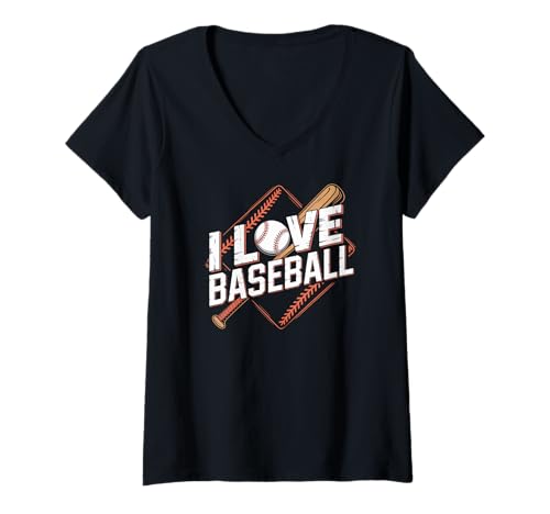 Damen Ich Liebe Baseball-Enthusiasten-Design T-Shirt mit V-Ausschnitt von American Baseball Passion Sport