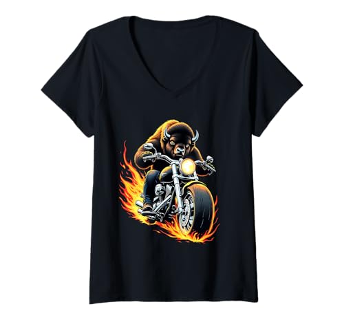Damen Lustiger Bison im Design „American Bison reitet a Motorrad“ T-Shirt mit V-Ausschnitt Damen Lustiger Bison im Design „American Bison reitet a Motorrad“ T-Shirt mit V-Ausschnitt von American Bison Lovers Designs
