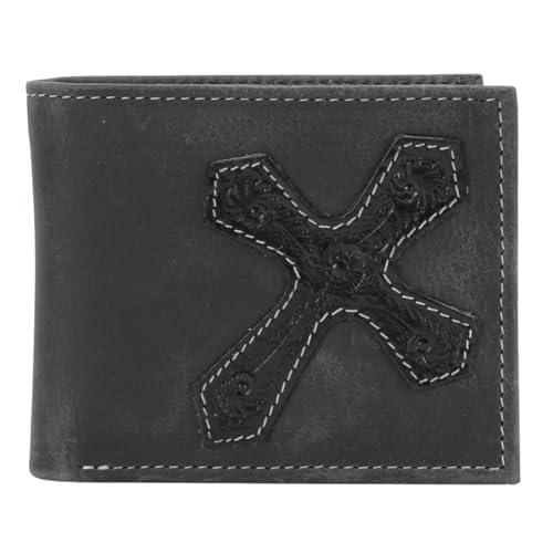 American Bison Tooled Cross Western Geldbörse für Herren - Oil Pull Up Bifold - Rugged Faith & Everyday Durability, Schwarz, Faltbare Brieftasche von American Bison