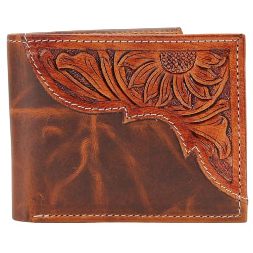 American Bison Tooled Side Bifold Wallet with Conchos - Oil Pull Up Classic Western Craftsmanship & RFID Protection, Hellbraun, Keine Conchos von American Bison