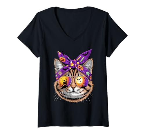 Damen Halloween Bandana American Bobtail T-Shirt mit V-Ausschnitt von American Bobtail Cat Lover Gifts