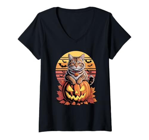 Damen Halloween Retro Sonnenuntergang American Bobtail T-Shirt mit V-Ausschnitt von American Bobtail Cat Lover Gifts