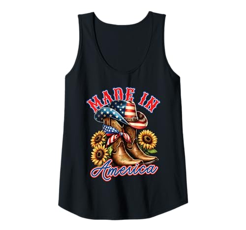 Damen Amerikanische Flagge Cowboyhut und Stiefel mit Sonnenblumen Country Tank Top Damen Amerikanische Flagge Cowboyhut und Stiefel mit Sonnenblumen Country Tank Top von American Country Rodeo Western Patriotic Shirt Co.