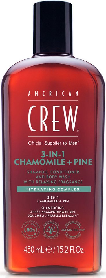 American Crew Haarshampoo 3In1 Chamomile & Pine Shampoo, Conditioner & Body Wash 450 ml, 1-tlg., Für Herren aller Haartypen, spendet Feuchtigkeit, beruhigt Kopfhaut. von American Crew