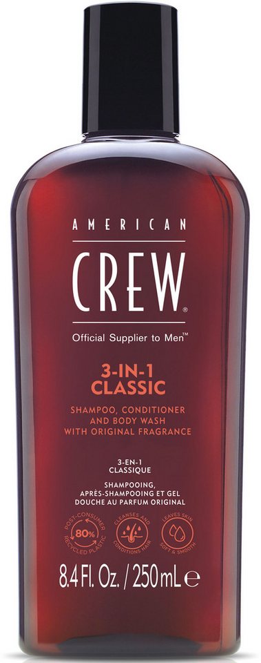 American Crew Haarshampoo 3In1 Classic Shampoo, Conditioner & Body Wash 250 ml, 1-tlg., Für Herren aller Haartypen, spendet Feuchtigkeit, beruhigt Kopfhaut. von American Crew