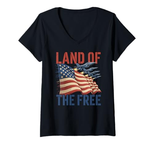 Damen Flagge des Landes der Freien Patriotischen Jet American Fighters T-Shirt mit V-Ausschnitt von American Fighters Jets by NLTS