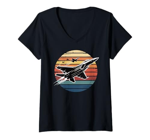 Damen Kampfflugzeuge im Retro-Sonnenuntergangs-Orb-Design T-Shirt mit V-Ausschnitt von American Fighters Jets by NLTS