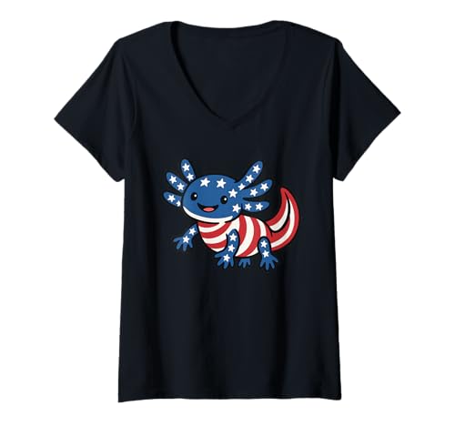 Damen American Flag Axolotl 4th Of July T-Shirt mit V-Ausschnitt von American Flag Axolotl 4th Of July Apparel