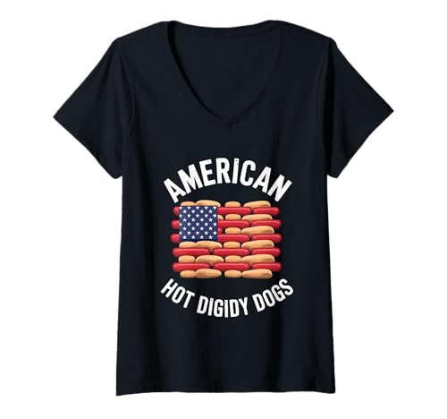 Damen American Hot Digidy Dogs Flagge Humor T-Shirt mit V-Ausschnitt Damen American Hot Digidy Dogs Flagge Humor T-Shirt mit V-Ausschnitt von American Flag Hot Dog Humor Fun BBQ