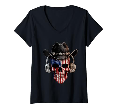 Damen Patriotic Skull Art Co. T-Shirt mit V-Ausschnitt von American Flag Skull Cowboy Hat with Headphones