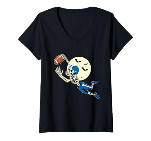 Damen Skelett Fußball Skelett Halloween Amerikanisch Gruselig Gruselig T-Shirt mit V-Ausschnitt von American Football Skeleton Halloween Men Boys