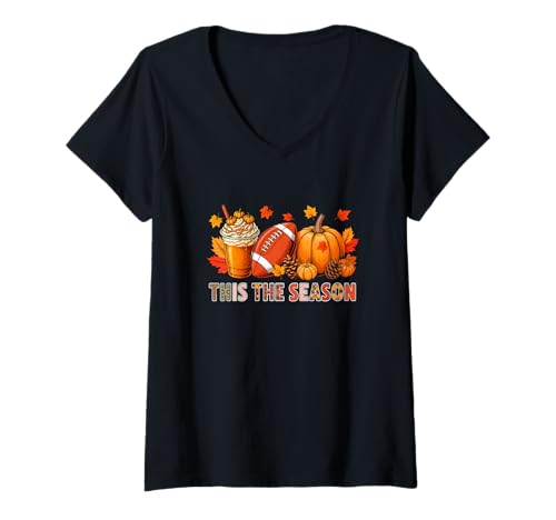 Damen The Season Thanksgiving Football Player Lover Fall Leaves T-Shirt mit V-Ausschnitt von American Football Thanksgiving Costume