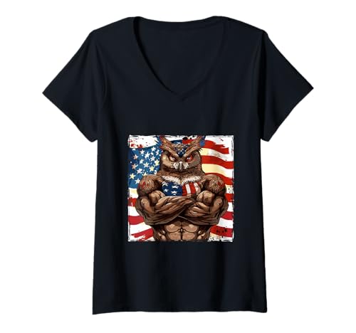 Damen Amerikanische Eule Maskottchen USA Flagge T-Shirt mit V-Ausschnitt von American Fun Style Animals Inc