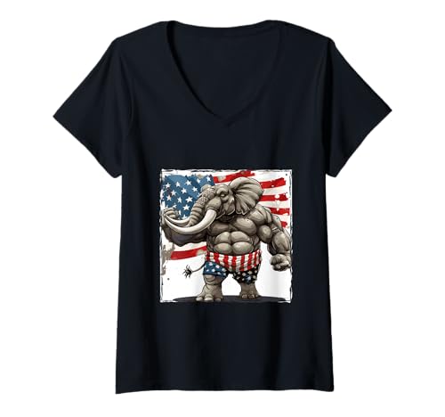 Damen Amerikanisches Elefanten-Maskottchen US T-Shirt mit V-Ausschnitt Damen Amerikanisches Elefanten-Maskottchen US T-Shirt mit V-Ausschnitt von American Fun Style Animals Inc