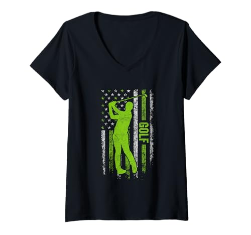 Damen Amerikanische Flagge Golf Swing USA Pride T-Shirt mit V-Ausschnitt von American Golf Swing Enthusiast Tee