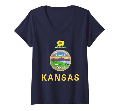 Damen State Flag of Kansas T-Shirt mit V-Ausschnitt Damen State Flag of Kansas T-Shirt mit V-Ausschnitt von American Heritage US State Flags