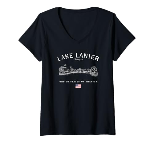 Damen Lake Lanier Georgia USA Amerikanische Flagge Erholung T-Shirt mit V-Ausschnitt von American Lakes Souvenir Shop