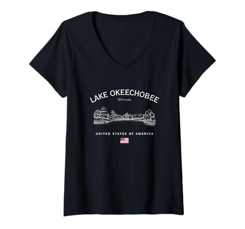Damen Lake Okeechobee Florida USA Amerikanische Flagge FL Everglades T-Shirt mit V-Ausschnitt von American Lakes Souvenir Shop