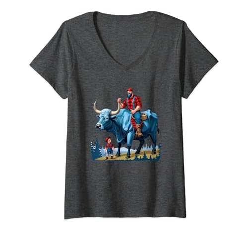 Damen Paul Bunyan Riding Babe Der blaue Ochse T-Shirt mit V-Ausschnitt von American Lumberjack Folk Hero