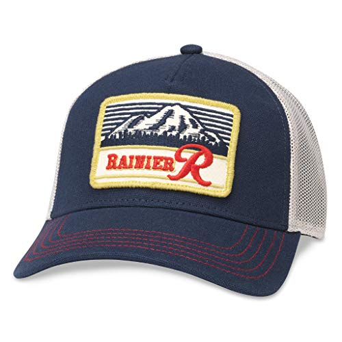 American Needle Rainier Beer Valin Verstellbare Snapback Trucker Baseballmütze, Elfenbein/Marineblau (SMU500C-PBC), Rainier (Elfenbein/Marineblau), Einheitsgröße von American Needle