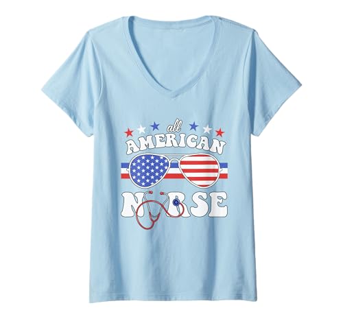 Damen American Nurse Sonnenbrille Shirt Medic Patriotic USA Graphic T-Shirt mit V-Ausschnitt Damen American Nurse Sonnenbrille Shirt Medic Patriotic USA Graphic T-Shirt mit V-Ausschnitt von American Nurse Sunglasses Tee Shirts