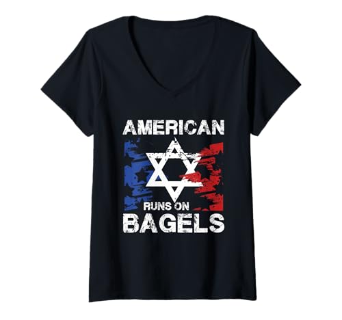 Damen American Runs On Bagels Jüdische Sternflagge T-Shirt mit V-Ausschnitt Damen American Runs On Bagels Jüdische Sternflagge T-Shirt mit V-Ausschnitt von American Patriotic Bagel Lovers Star