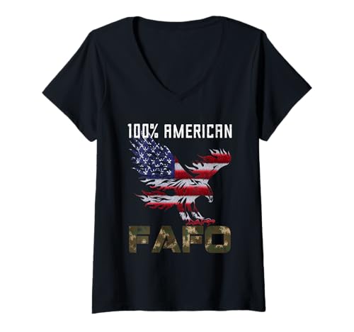 Damen 100% American Patriot USA Eagle Fight Fafo Humorvolle Sprüche T-Shirt mit V-Ausschnitt Damen 100% American Patriot USA Eagle Fight Fafo Humorvolle Sprüche T-Shirt mit V-Ausschnitt von American Patriotic Gift Shirts