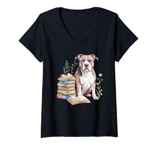 Damen American Pit Bull Terrier Pittie Books Reading Flowers Book T-Shirt mit V-Ausschnitt von American Pit Bull Terrier Dog Lover Gifts