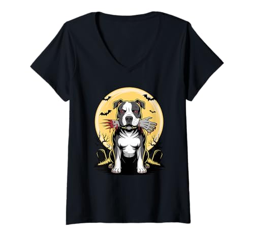 Damen Halloween Mond Zombie Hand American Pit Bull Terrier Pittie T-Shirt mit V-Ausschnitt Damen Halloween Mond Zombie Hand American Pit Bull Terrier Pittie T-Shirt mit V-Ausschnitt von American Pit Bull Terrier Dog Lover Gifts